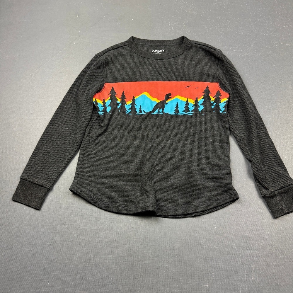 Old Navy Boys 8 Black Mountain Scene Graphic Long Sleeve Thermal Shirt Basic Tee